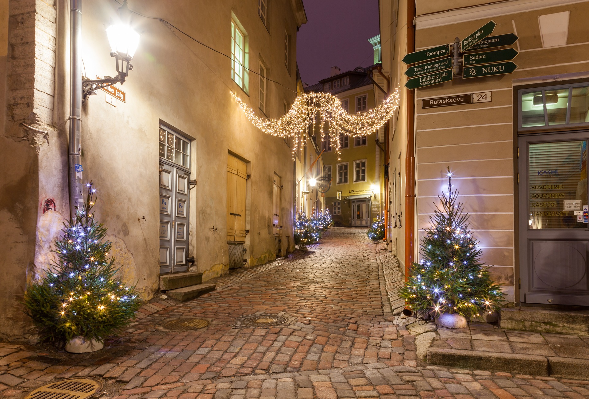 A street with Christmas lighting.